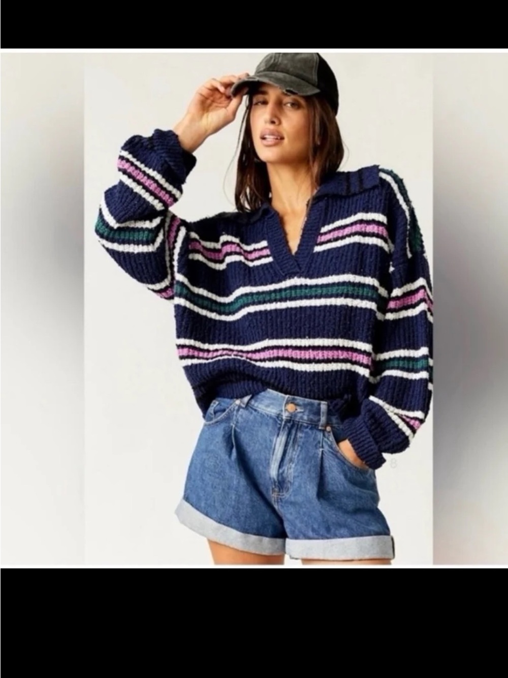 Free People Kennedy Striped Pullover Knit Sweater Navy Blue Pink Size Small - Picture 5 of 12